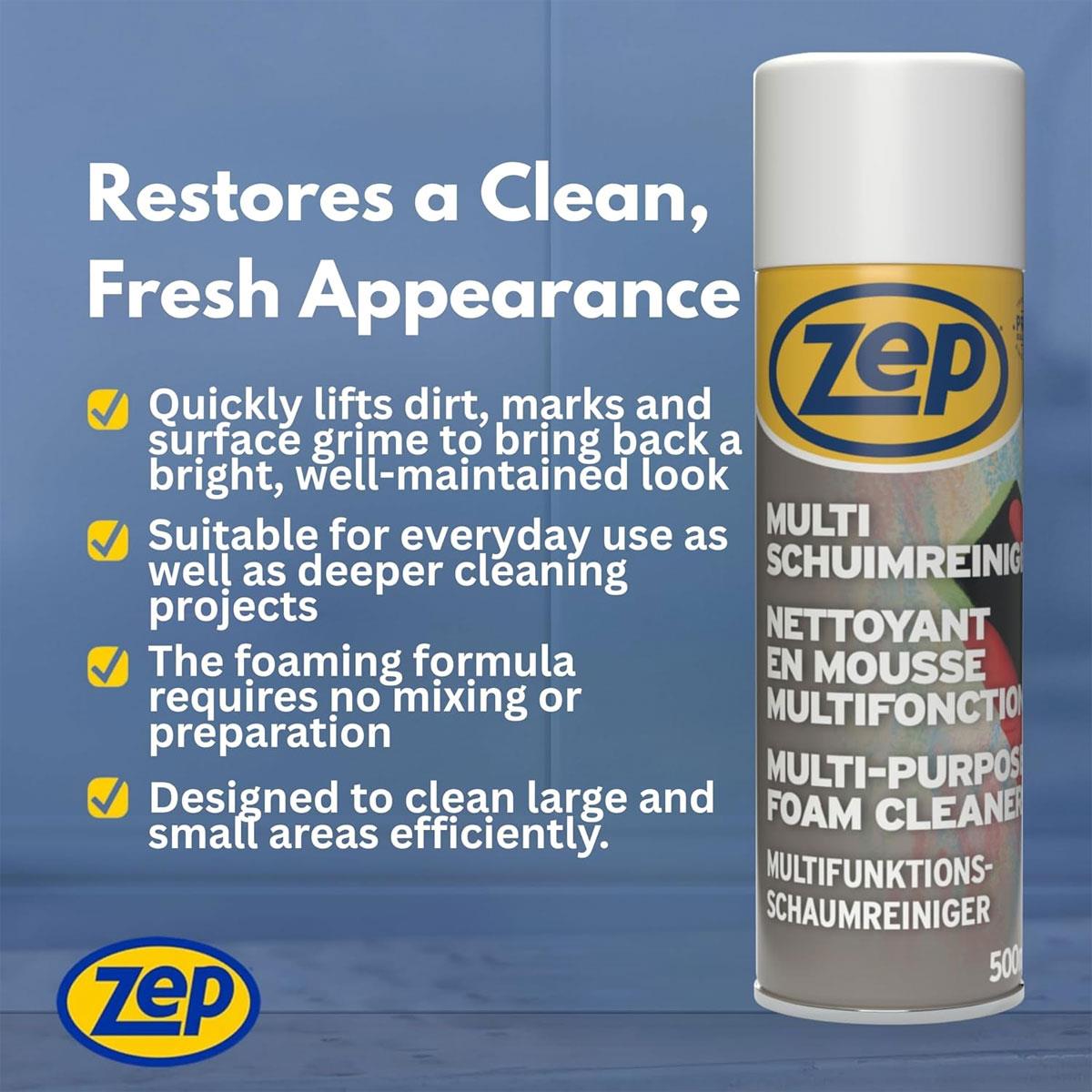 Zep Multi-Purpose Foam Cleaner 500ml Aerosol - Anti-Static Multi-Surface Stain Remover for Walls Furniture & Upholstery - Image 2