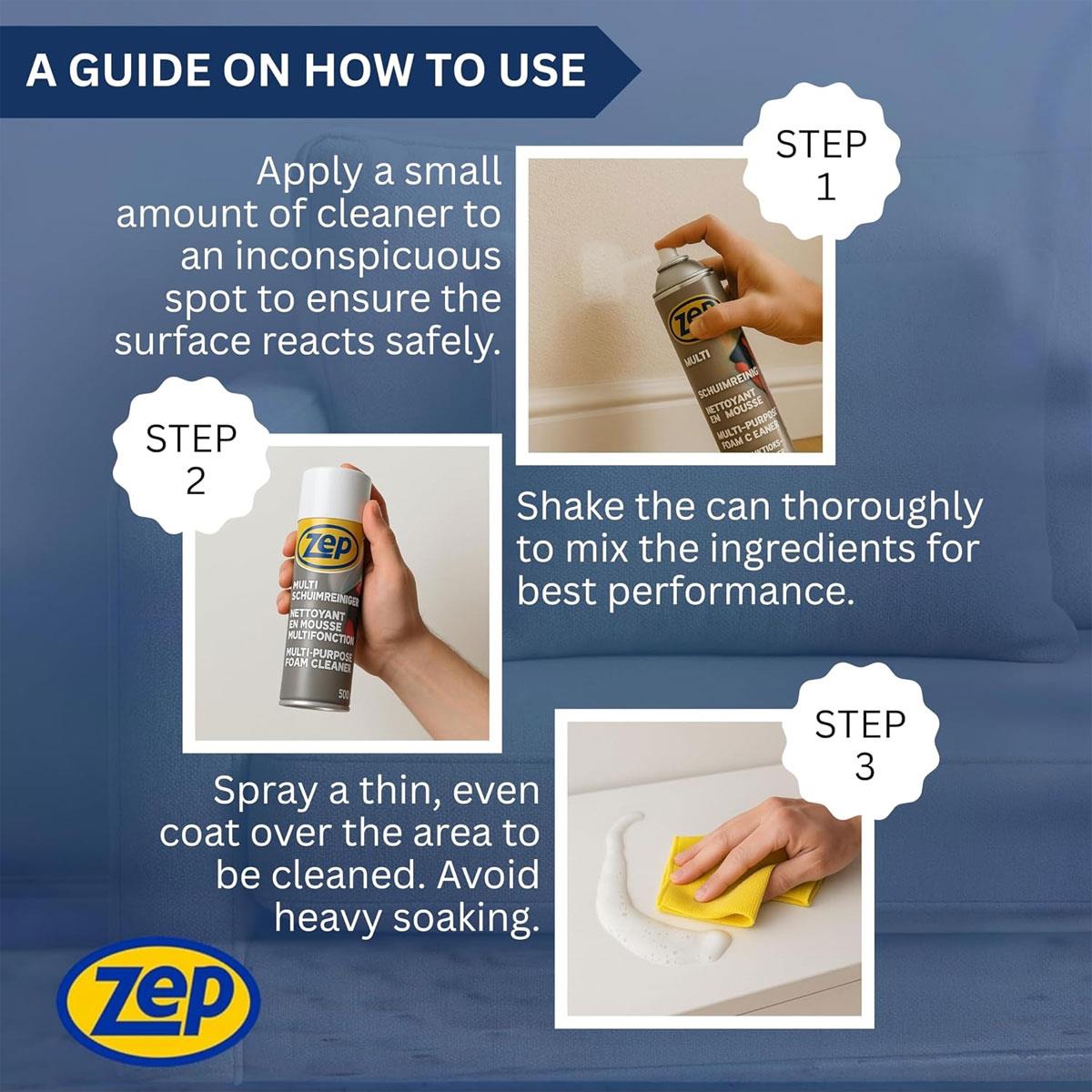 Zep Multi-Purpose Foam Cleaner 500ml Aerosol - Anti-Static Multi-Surface Stain Remover for Walls Furniture & Upholstery - Image 5