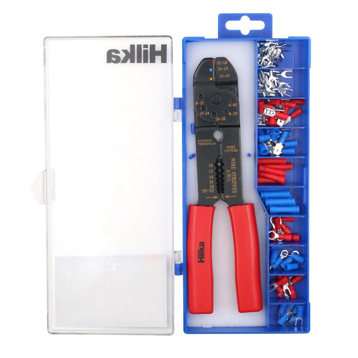 Hilka 8.5 Inch Crimping Tool with 100 Piece Terminal Set Ergonomic Handle Wire Stripper Electrical Cable Crimper