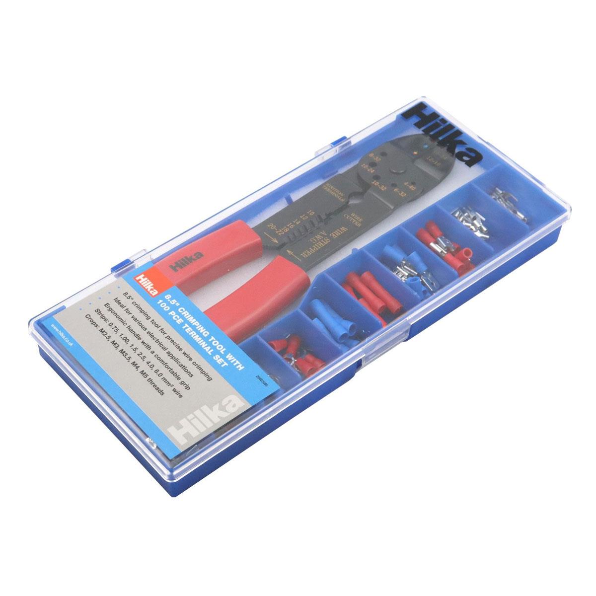 Hilka 8.5 Inch Crimping Tool with 100 Piece Terminal Set Ergonomic Handle Wire Stripper Electrical Cable Crimper - Image 2