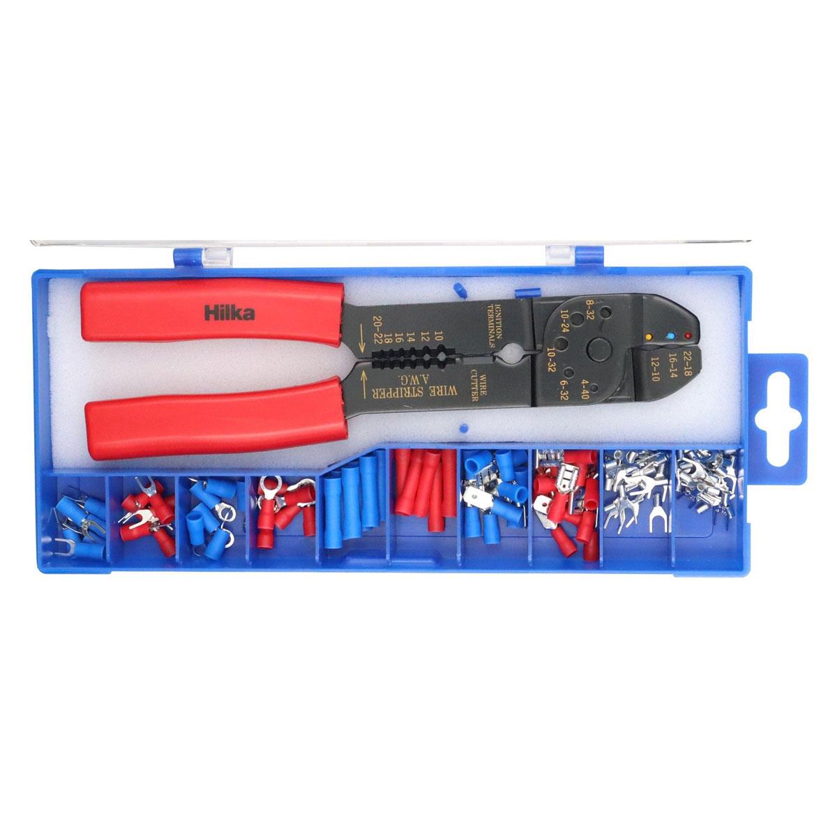 Hilka 8.5 Inch Crimping Tool with 100 Piece Terminal Set Ergonomic Handle Wire Stripper Electrical Cable Crimper - Image 3