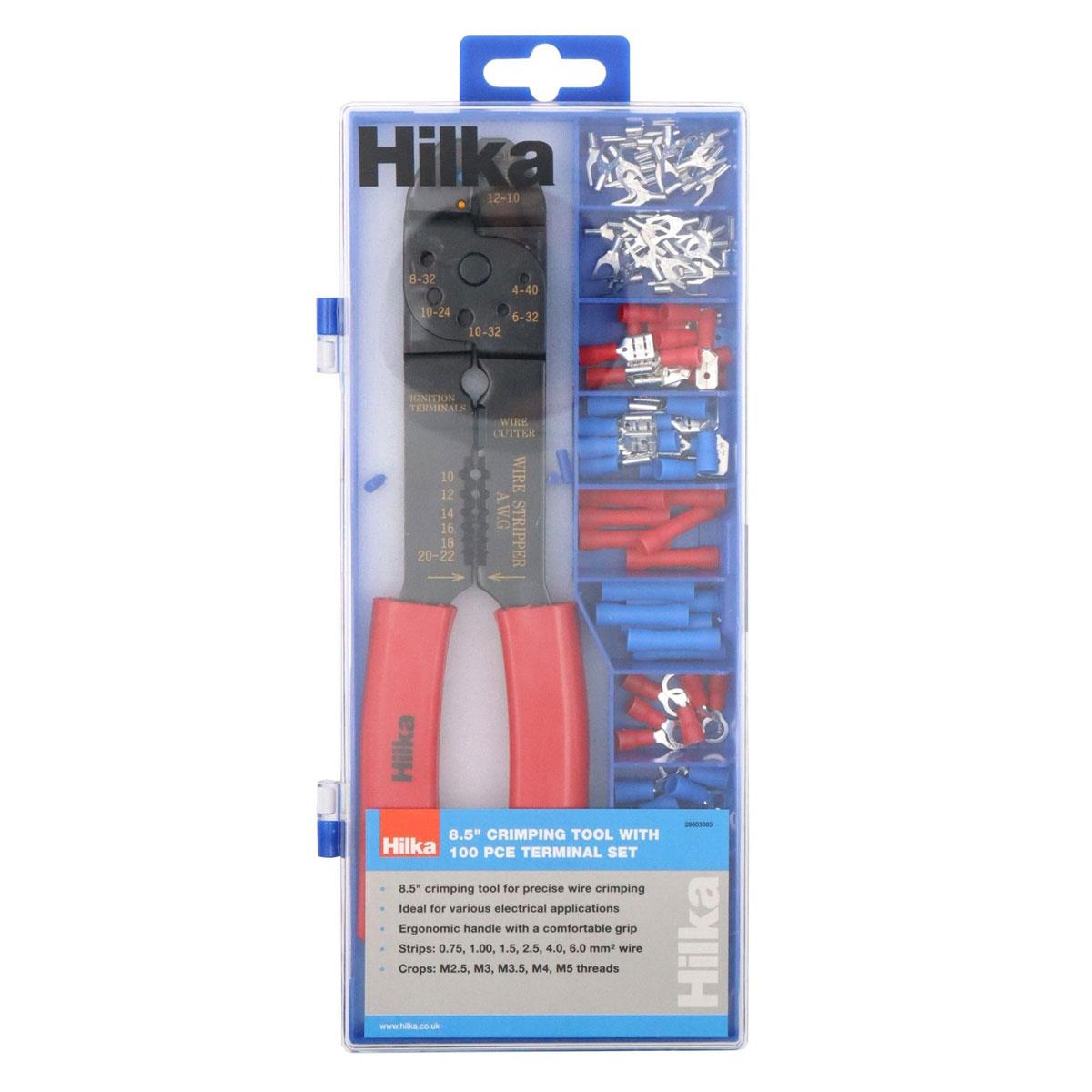 Hilka 8.5 Inch Crimping Tool with 100 Piece Terminal Set Ergonomic Handle Wire Stripper Electrical Cable Crimper - Image 6