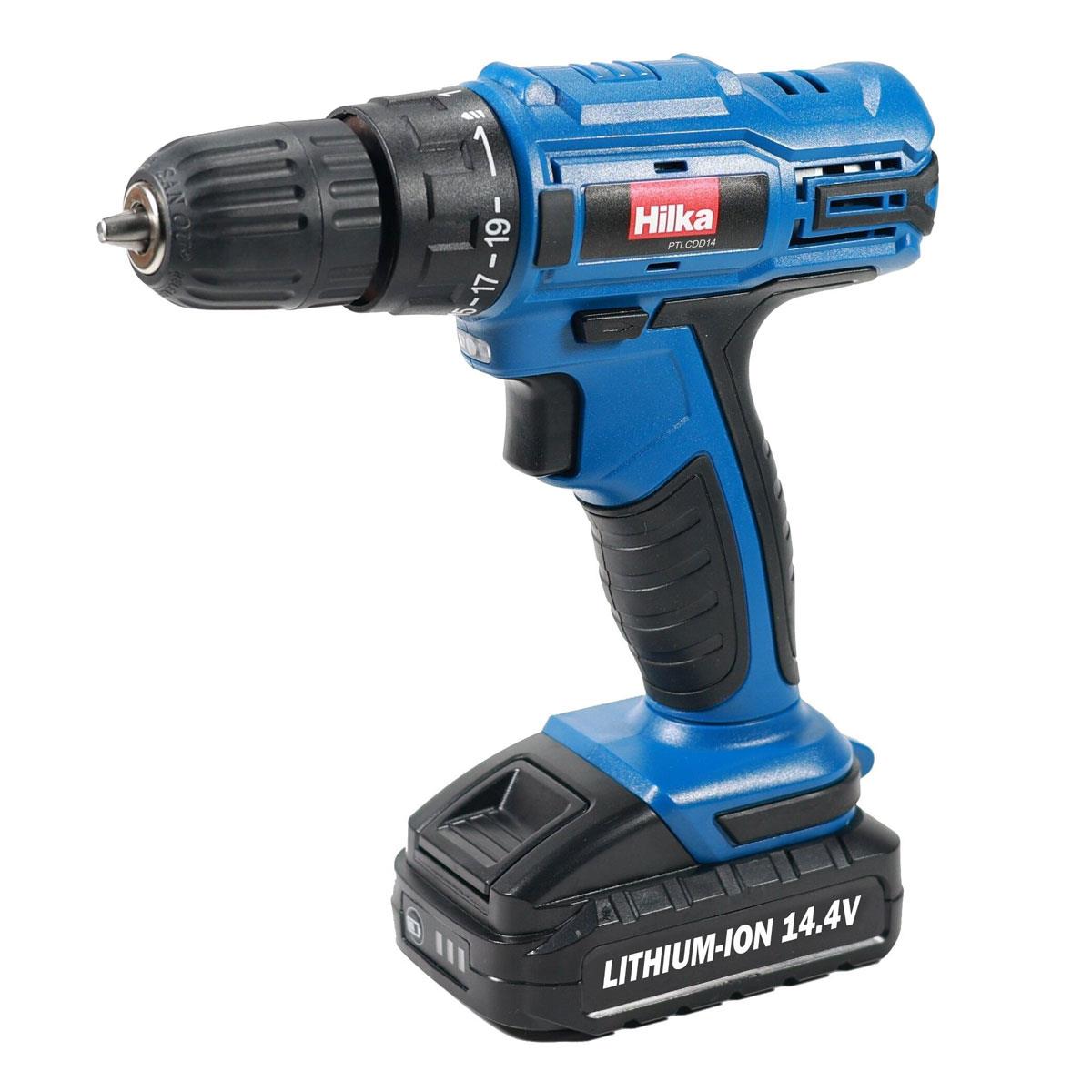 Hilka 14.4V Li-Ion Cordless Drill Driver 10mm Keyless Chuck 15Nm Torque LED Light Variable Speed Black/Blue