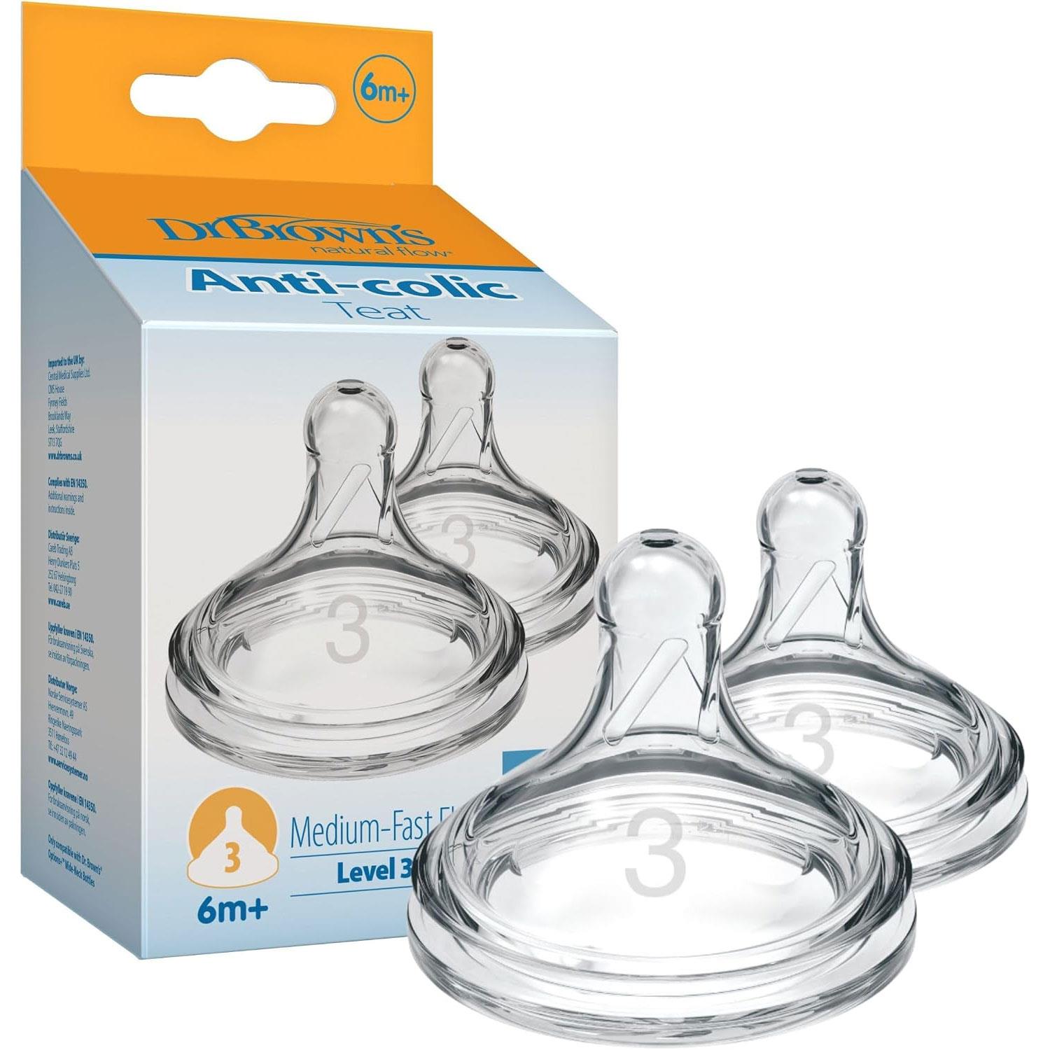 Dr Brown Natural Flow Level 3 Wide-Neck Baby Bottle Silicone Teat Medium-Fast Flow 6m+ BPA-Free 2 Pack