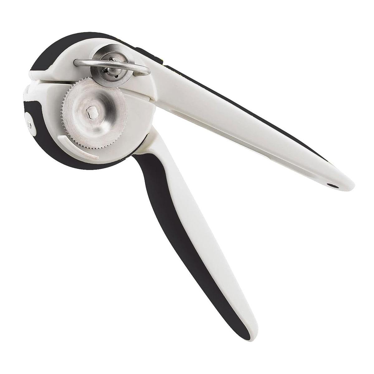 Chef'n EZ Squeeze Can Opener One-Hand Manual Can Opener with Stainless Steel Blade Ratcheting Mechanism Black/White