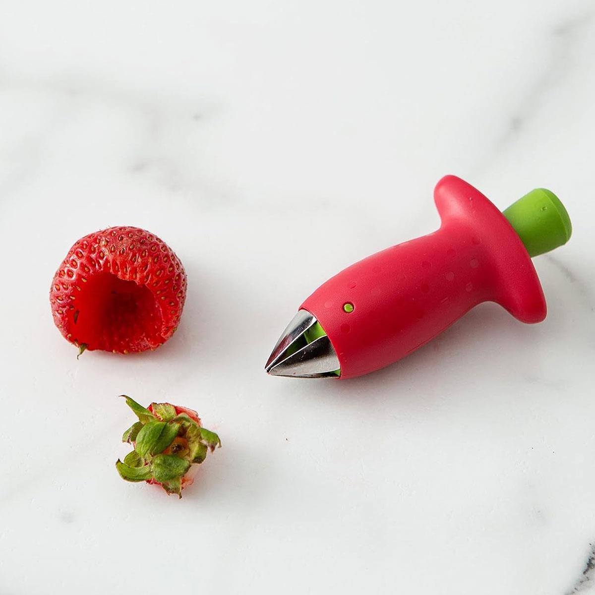 Chef'n StemGem Strawberry Huller Red/Green Stainless Steel Push-Button Fruit Stem Remover - Image 2