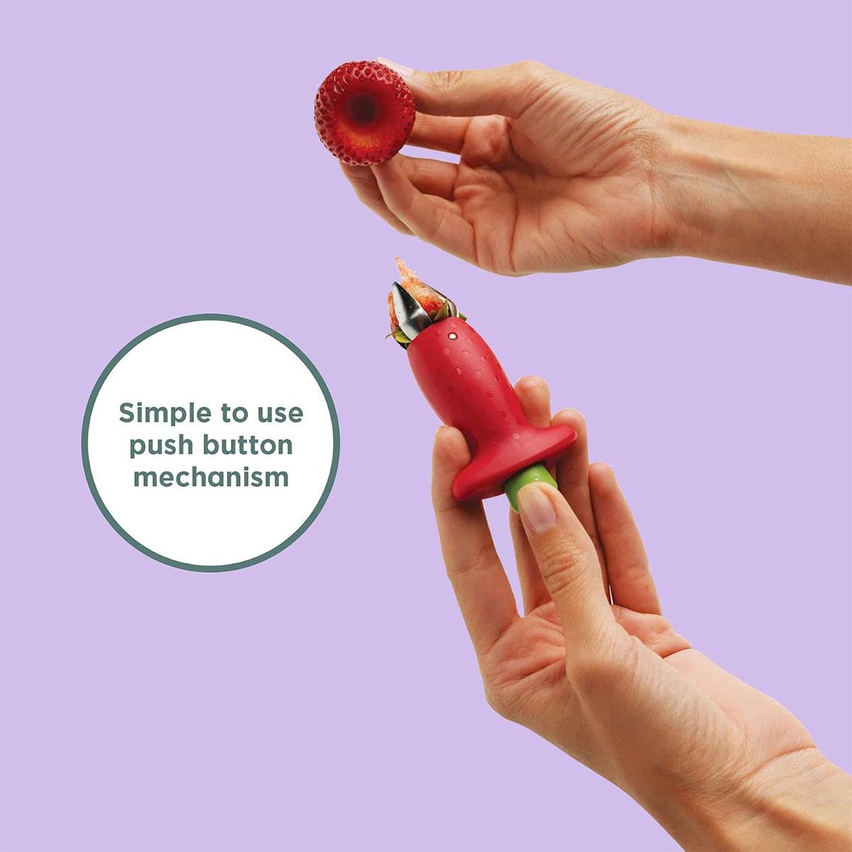 Chef'n StemGem Strawberry Huller Red/Green Stainless Steel Push-Button Fruit Stem Remover - Image 4