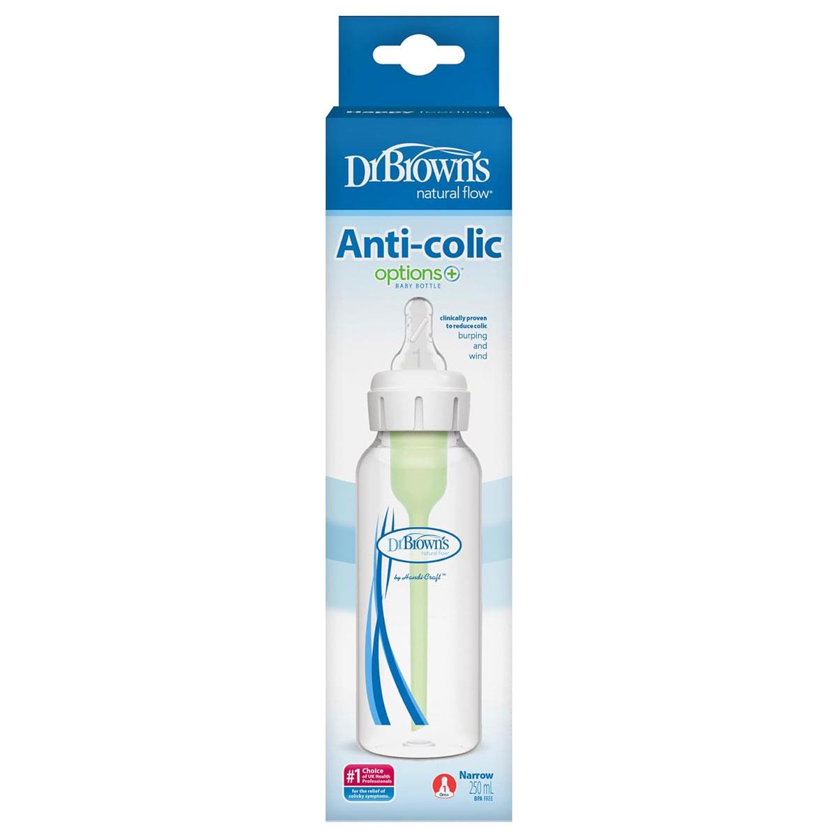 Dr Brown Natural Flow Options+ Anti-Colic Narrow Baby Bottle 250ml BPA-Free Transparent Slow-Flow Vented Teat 1 Pack - Image 3