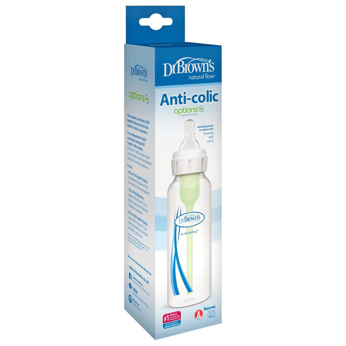 Dr Brown Natural Flow Options+ Anti-Colic Narrow Baby Bottle 250ml BPA-Free Transparent Slow-Flow Vented Teat 1 Pack - Image 4