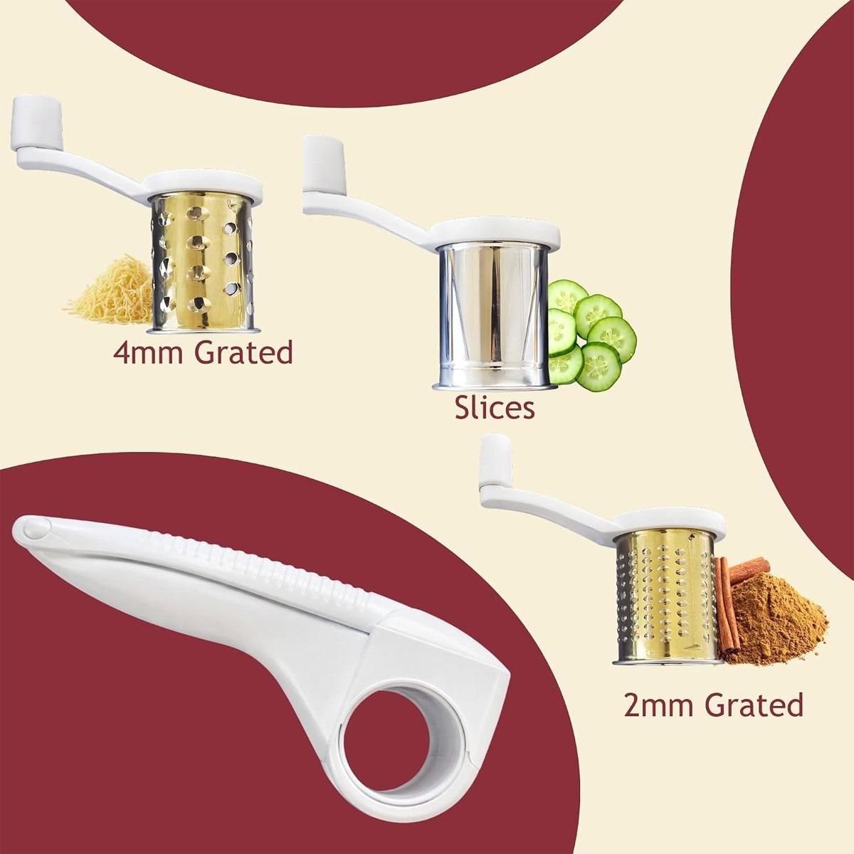 Dexam Rotary Cheese Grater 3-in-1 with Stainless Steel Drums Fine Grater Coarse Grater & Slicer White - Image 4