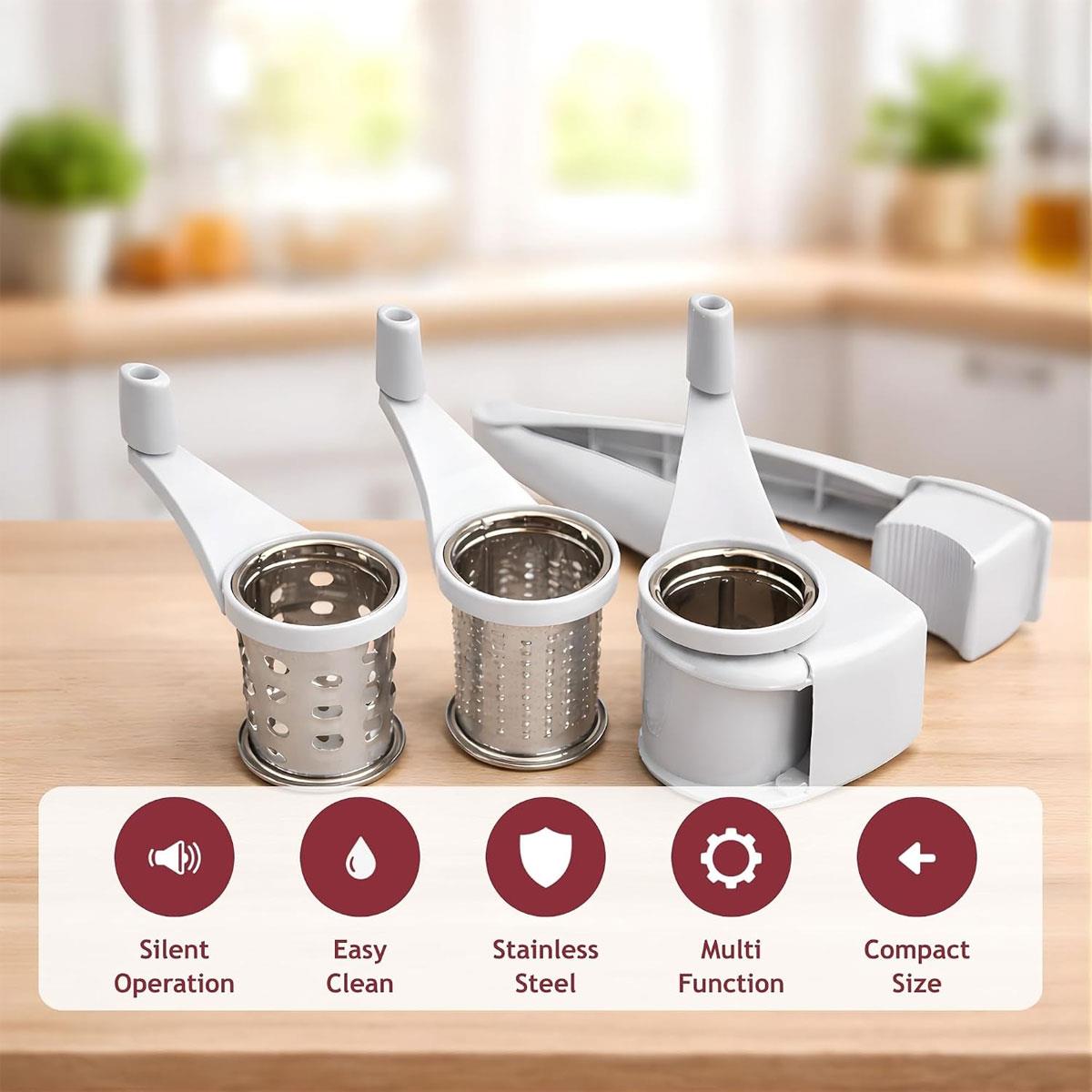 Dexam Rotary Cheese Grater 3-in-1 with Stainless Steel Drums Fine Grater Coarse Grater & Slicer White - Image 6