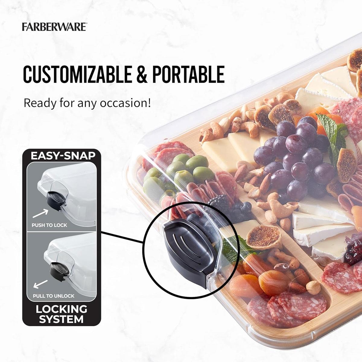 Farberware Build-a-Board Bamboo Charcuterie Serving Board 30.5 x 40.5 cm 3 Compartments Clear Locking Lid Acacia - Image 4