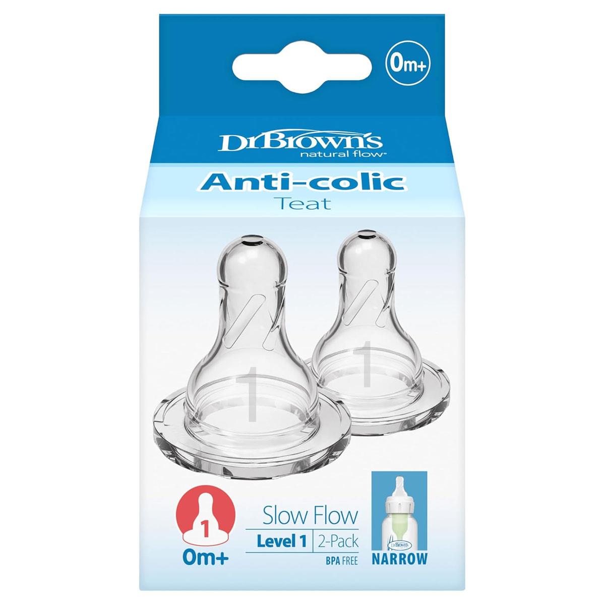 Dr Brown Options Narrow-Neck Baby Bottle Teat Level 1 Slow Flow Silicone Newborn 0+ Months BPA-Free Transparent 2 Pack - Image 2