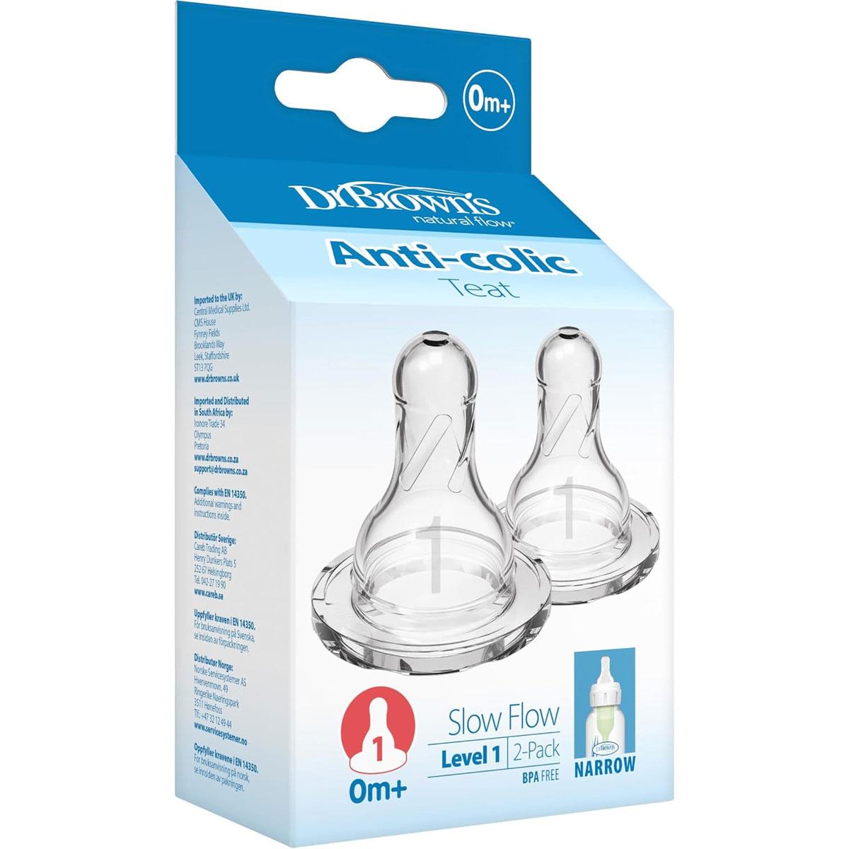 Dr Brown Options Narrow-Neck Baby Bottle Teat Level 1 Slow Flow Silicone Newborn 0+ Months BPA-Free Transparent 2 Pack - Image 3