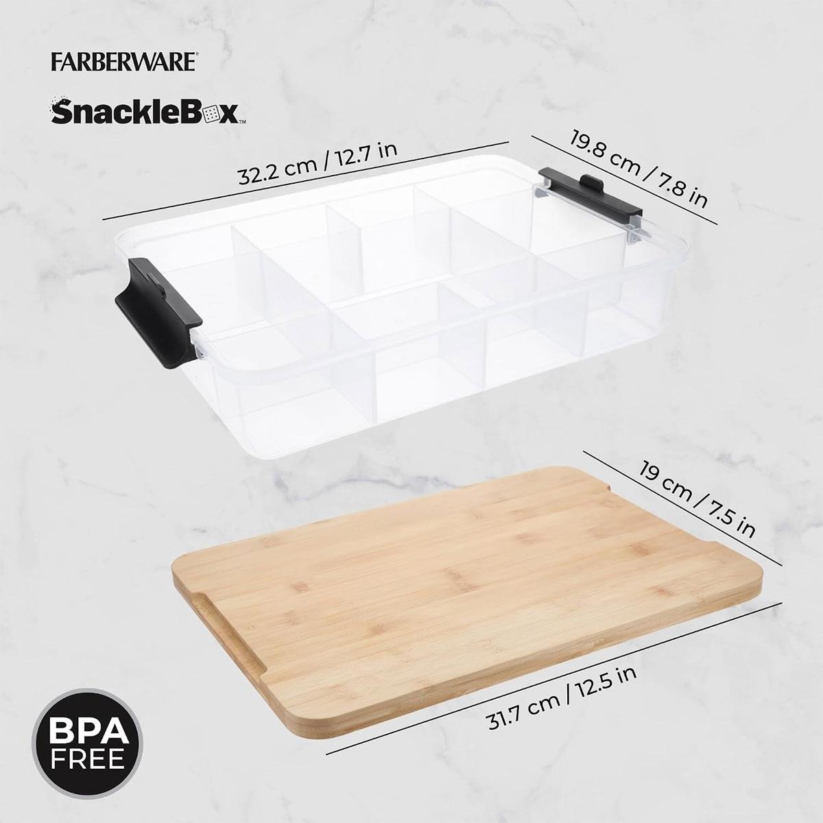 Farberware SnackleBox Bamboo Food Storage Container with 7 Compartments Locking Lid Cutting Board Brown 20 x 32cm - Image 2