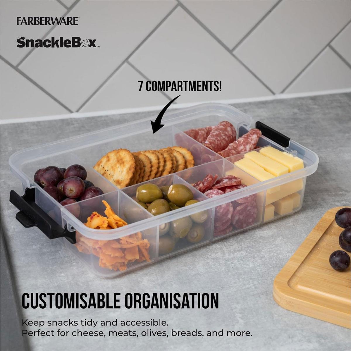 Farberware SnackleBox Bamboo Food Storage Container with 7 Compartments Locking Lid Cutting Board Brown 20 x 32cm - Image 3
