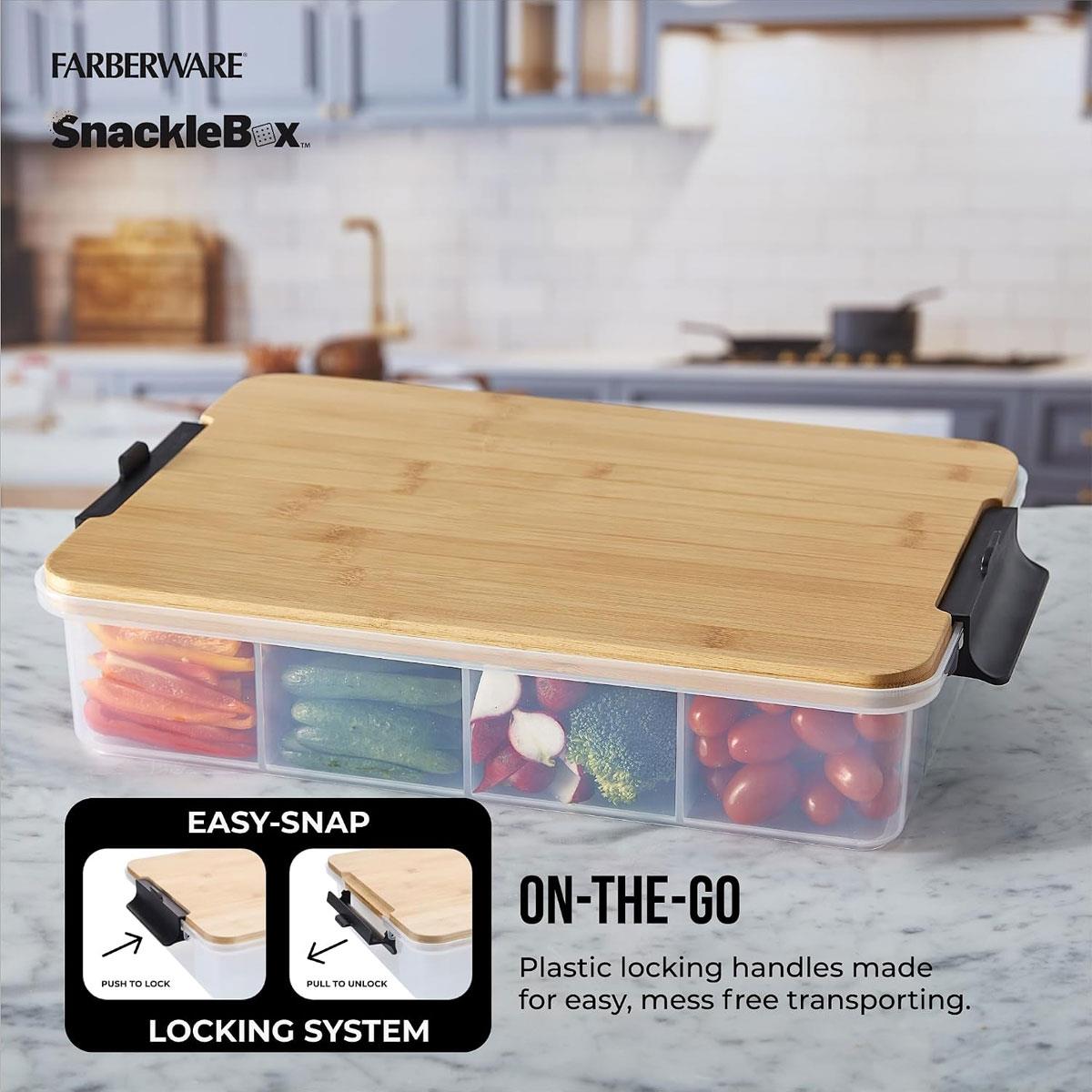 Farberware SnackleBox Bamboo Food Storage Container with 7 Compartments Locking Lid Cutting Board Brown 20 x 32cm - Image 4