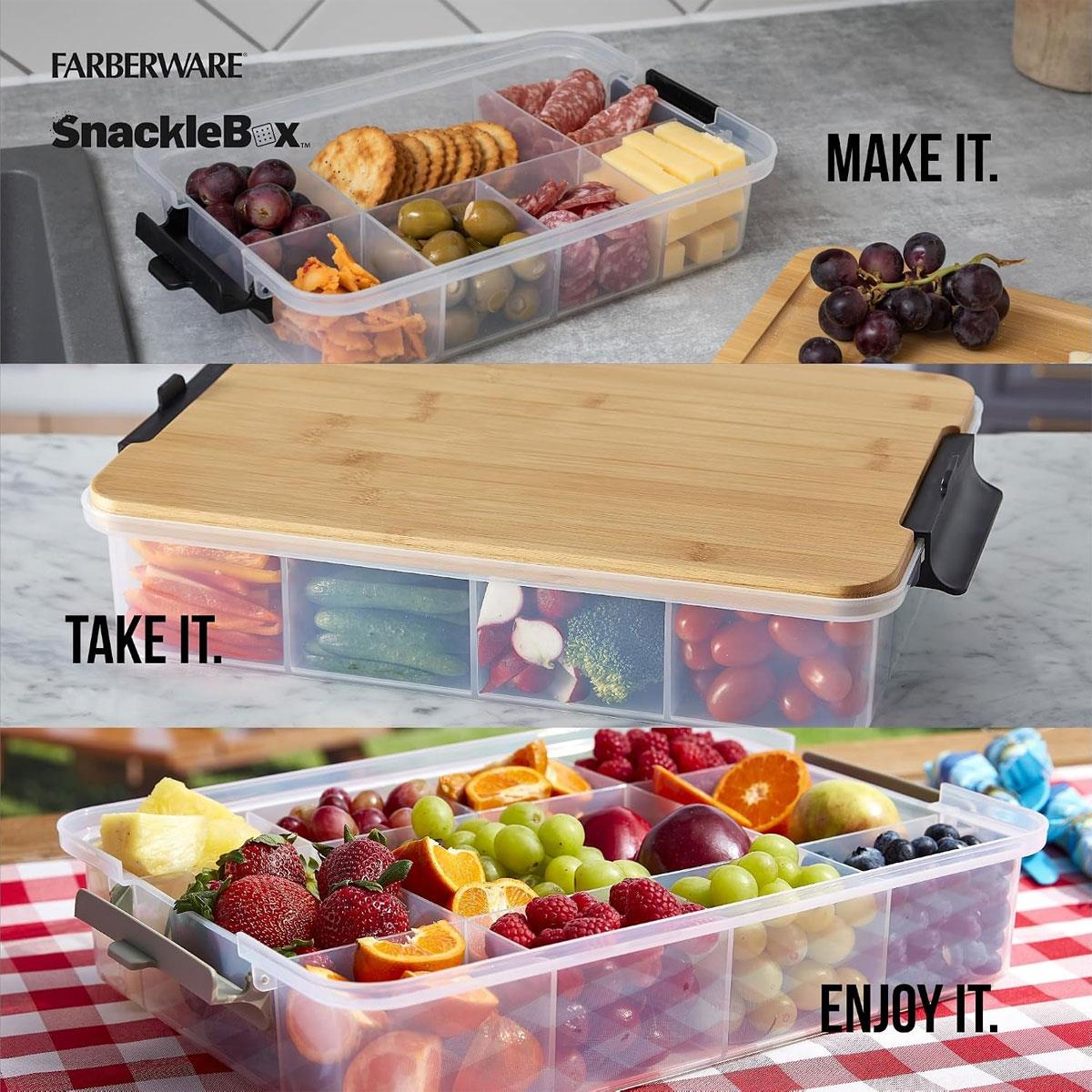 Farberware SnackleBox Bamboo Food Storage Container with 7 Compartments Locking Lid Cutting Board Brown 20 x 32cm - Image 5