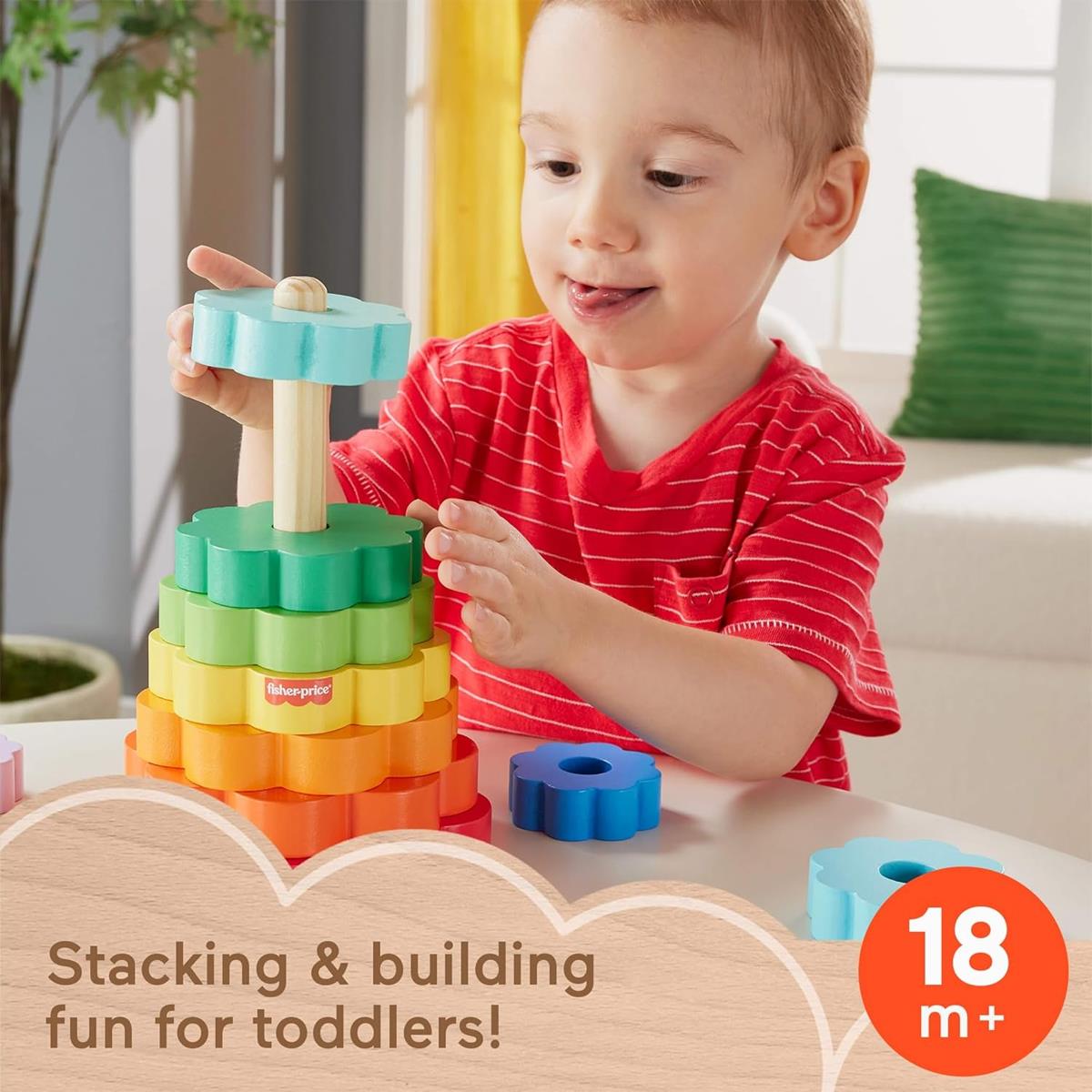 Fisher-Price Wooden Ring Stacker 10 Piece FSC Wood Toy Multicolor Ages 18+ Months - Image 2