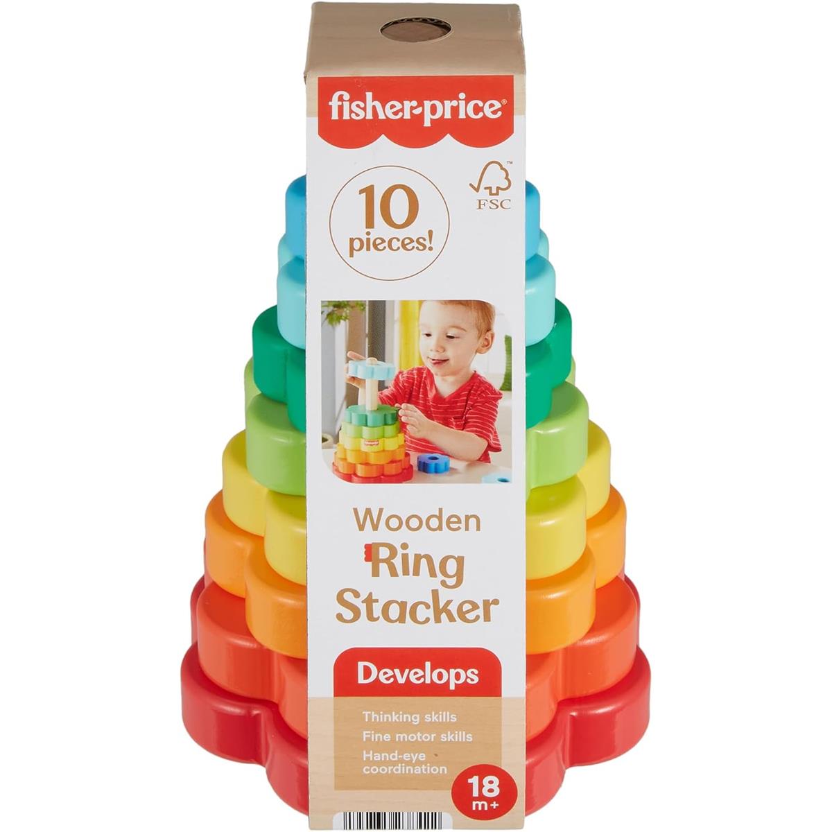 Fisher-Price Wooden Ring Stacker 10 Piece FSC Wood Toy Multicolor Ages 18+ Months - Image 6