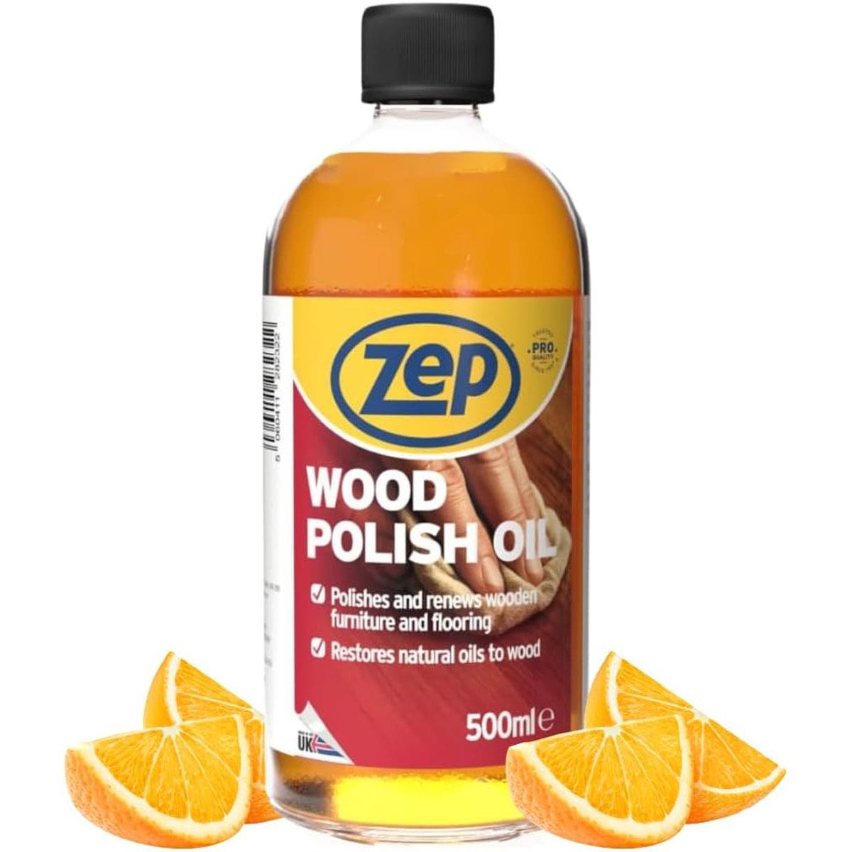 Zep Wood Polish Oil 500ml Orange-Scented Furniture & Floor Polish for Wood Furniture Cabinets Doors & Flooring