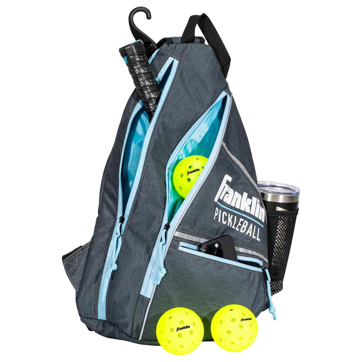 Franklin Sports Pickleball Sling Bag Backpack Gray/Blue Holds Up to 6 Paddles Balls & Accessories Official US Open Bag