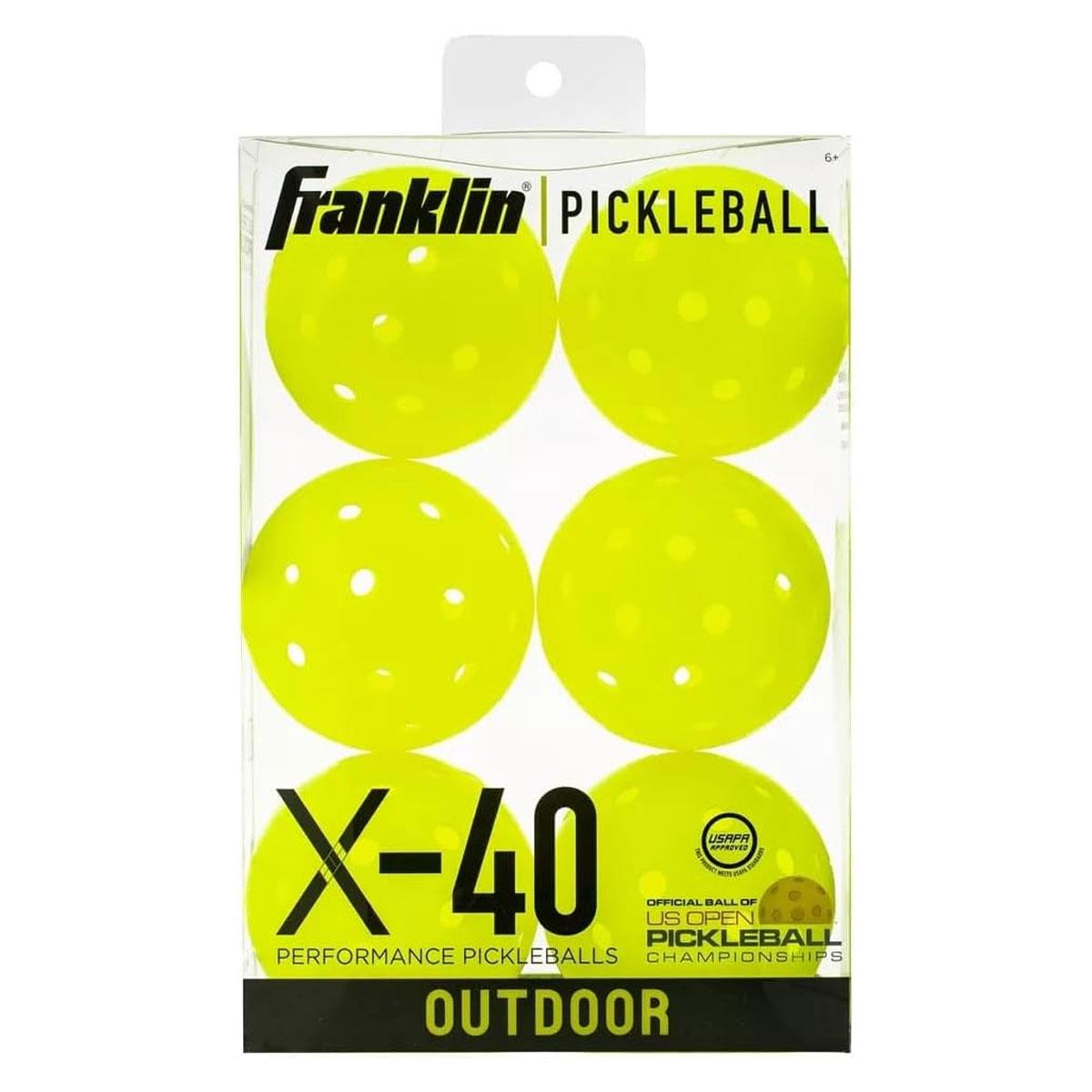Franklin X-40 Outdoor Pickleballs Yellow 6 Pack 40 Hole USA Pickleball Approved Official US Open Ball 74mm