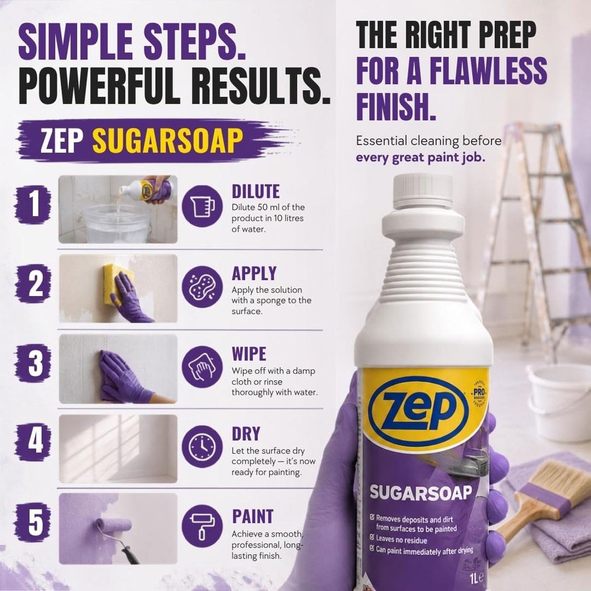 Zep Sugar Soap Concentrated Surface Cleaner 1L Unscented Liquid for Paint Prep Walls Doors & Woodwork - Image 4