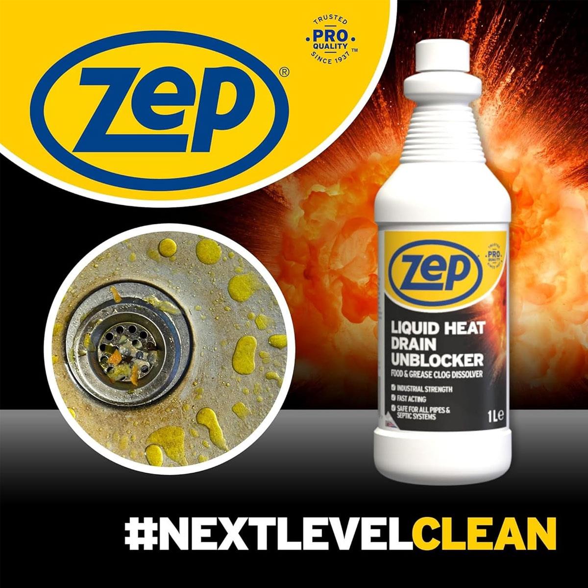 Zep Commercial Liquid Heat Drain Unblocker 1L Professional Strength for Grease Fat & Food Build-Up - Image 2