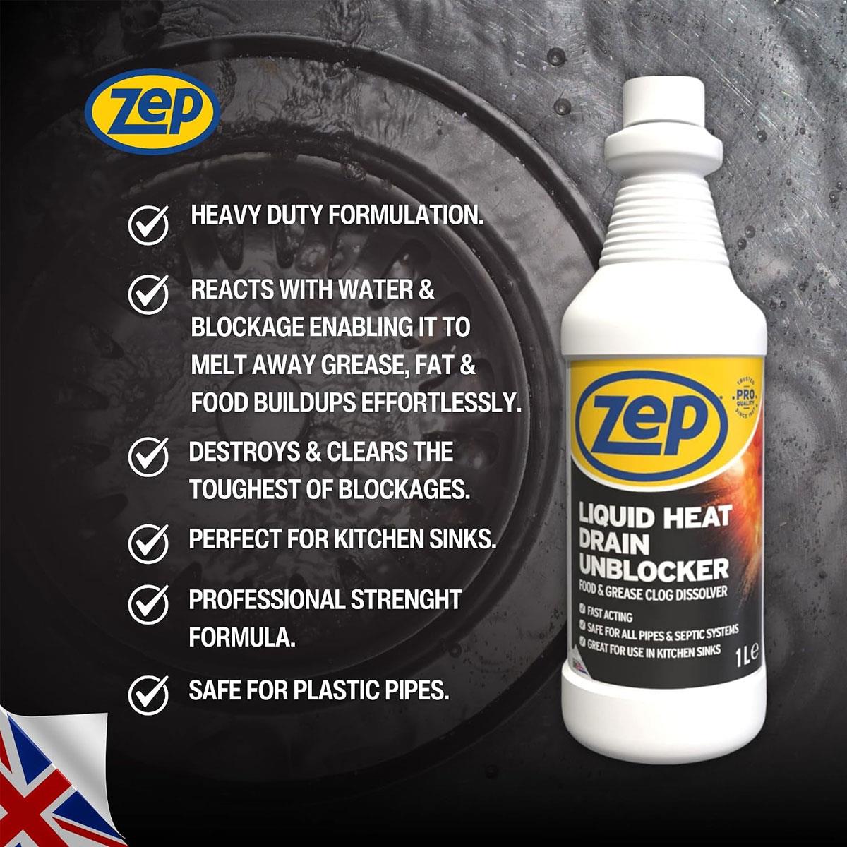 Zep Commercial Liquid Heat Drain Unblocker 1L Professional Strength for Grease Fat & Food Build-Up - Image 3