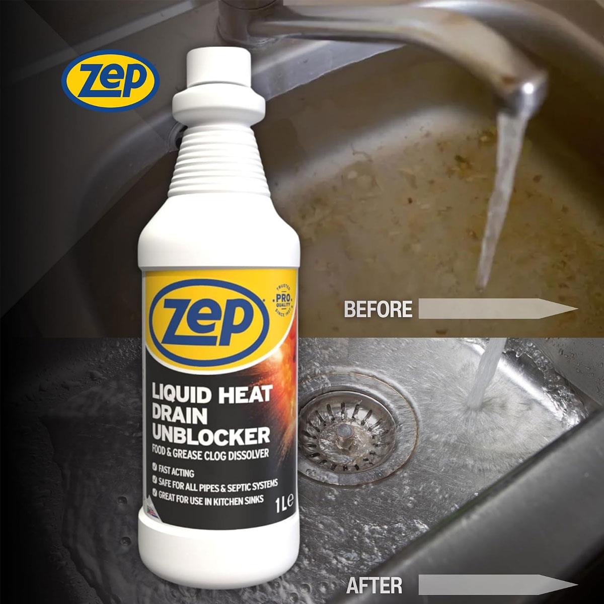 Zep Commercial Liquid Heat Drain Unblocker 1L Professional Strength for Grease Fat & Food Build-Up - Image 4