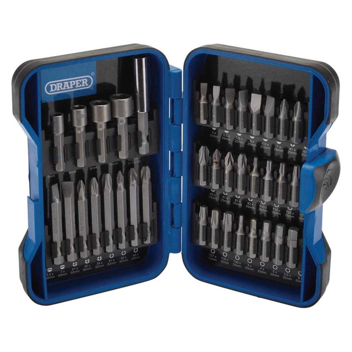 Draper 37-Piece Insert Bit Set 1/4in Hex 25mm & 50mm Bits Nut Drivers Bit Holder Soft Grip Case