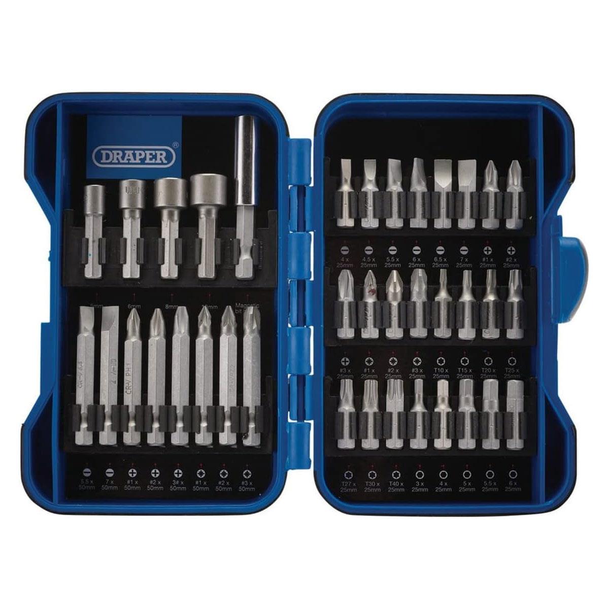 Draper 37-Piece Insert Bit Set 1/4in Hex 25mm & 50mm Bits Nut Drivers Bit Holder Soft Grip Case - Image 2