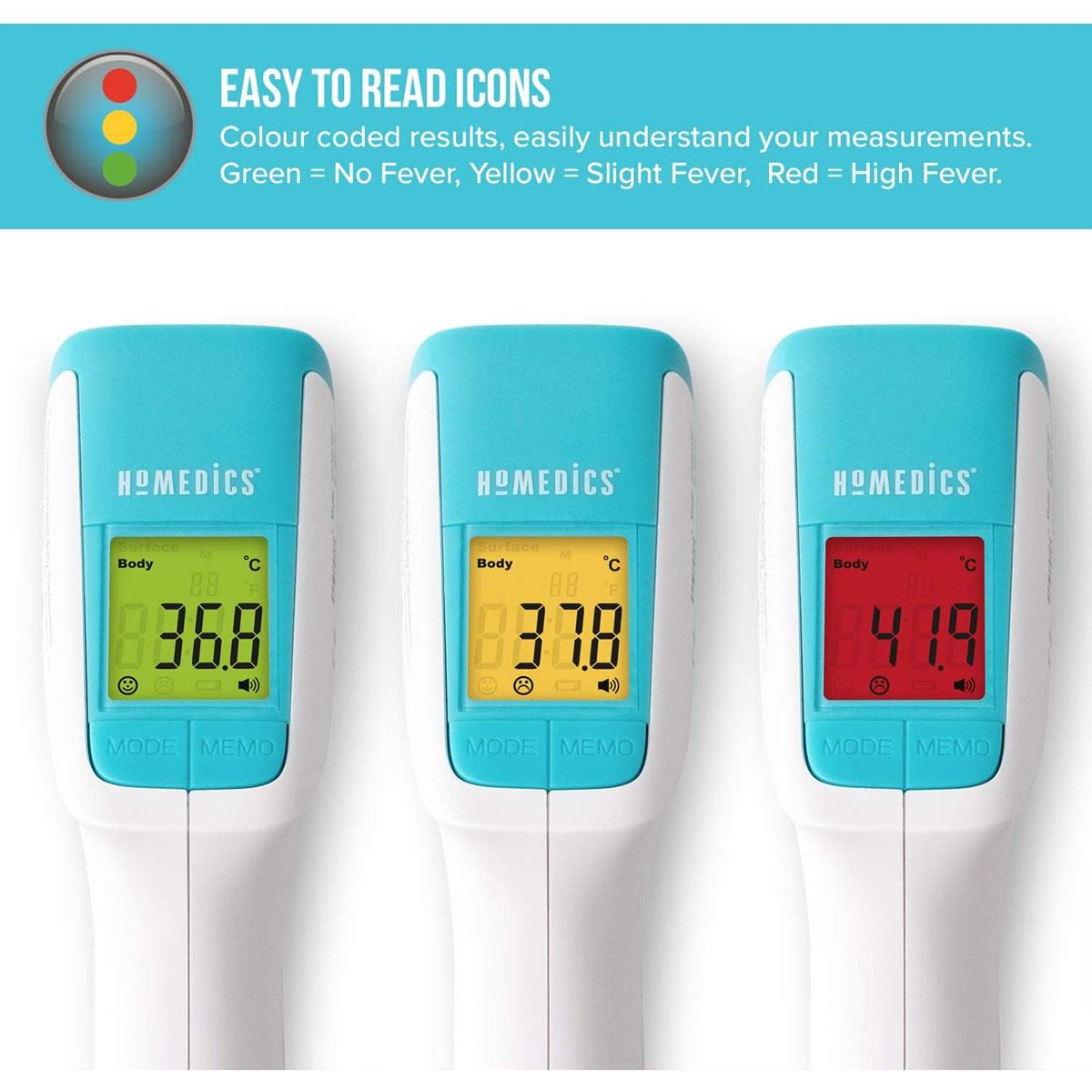 HoMedics Non-Contact Infrared Forehead Thermometer Digital LCD Fever Alarm 50 Memory Green Yellow Red Display - Image 3