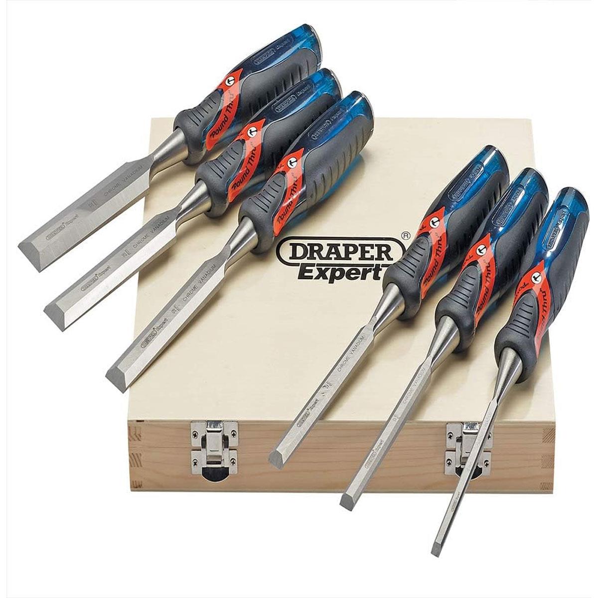 Draper Expert Soft Grip Pound Thru Bevel Edge Wood Chisel Set 6 Piece Chrome Vanadium Steel 6–38mm Wooden Box - Image 2