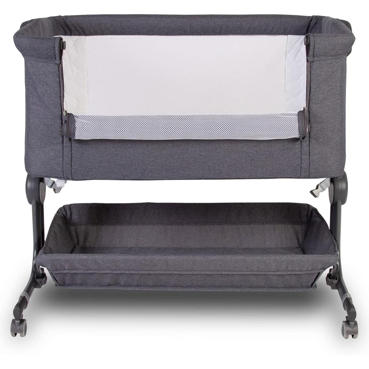 Red Kite COZYSLEEP Bedside Crib Co-Sleeper Grey Adjustable Height Incline Drop Side with Mattress Storage Shelf Gray