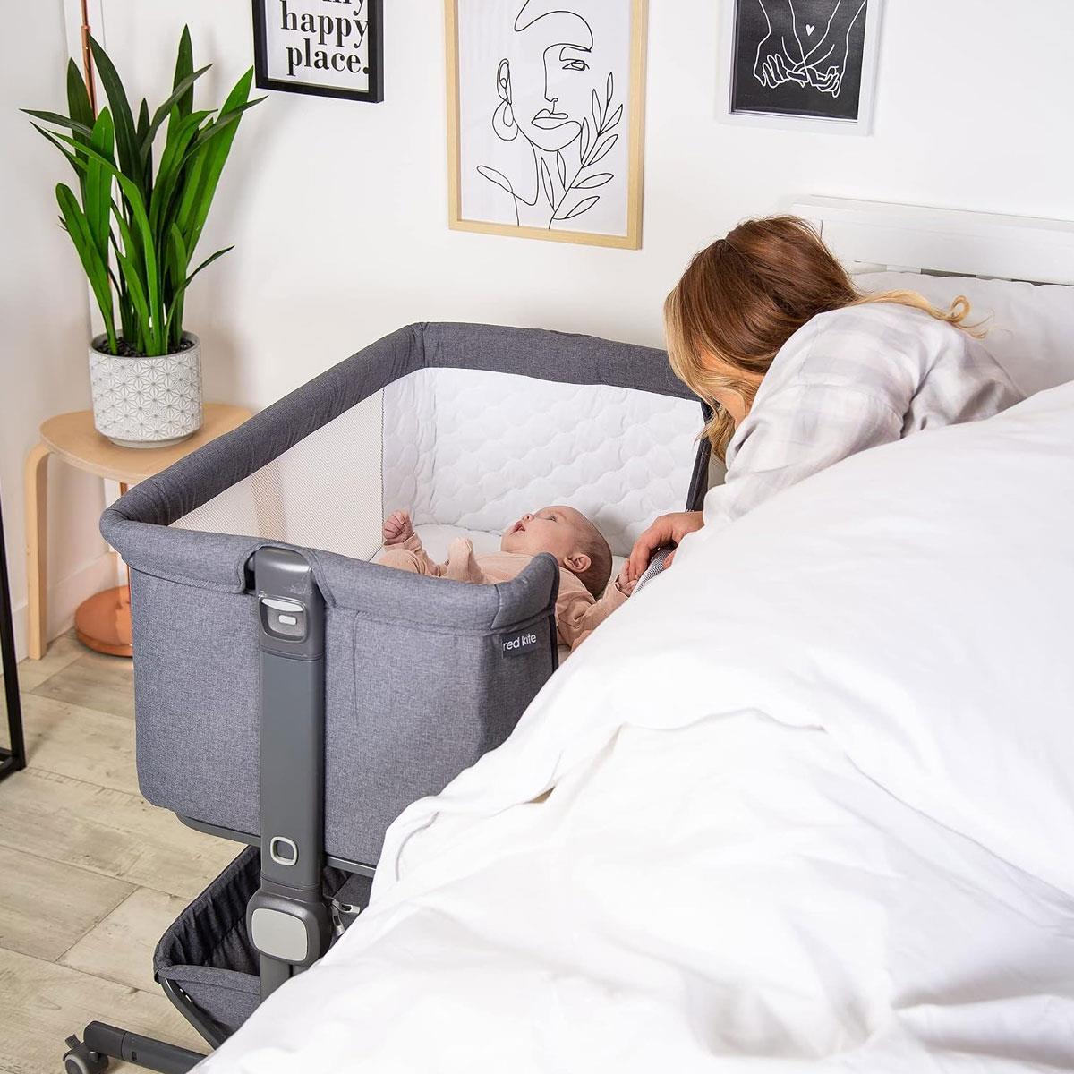 Red Kite COZYSLEEP Bedside Crib Co-Sleeper Grey Adjustable Height Incline Drop Side with Mattress Storage Shelf Gray - Image 2