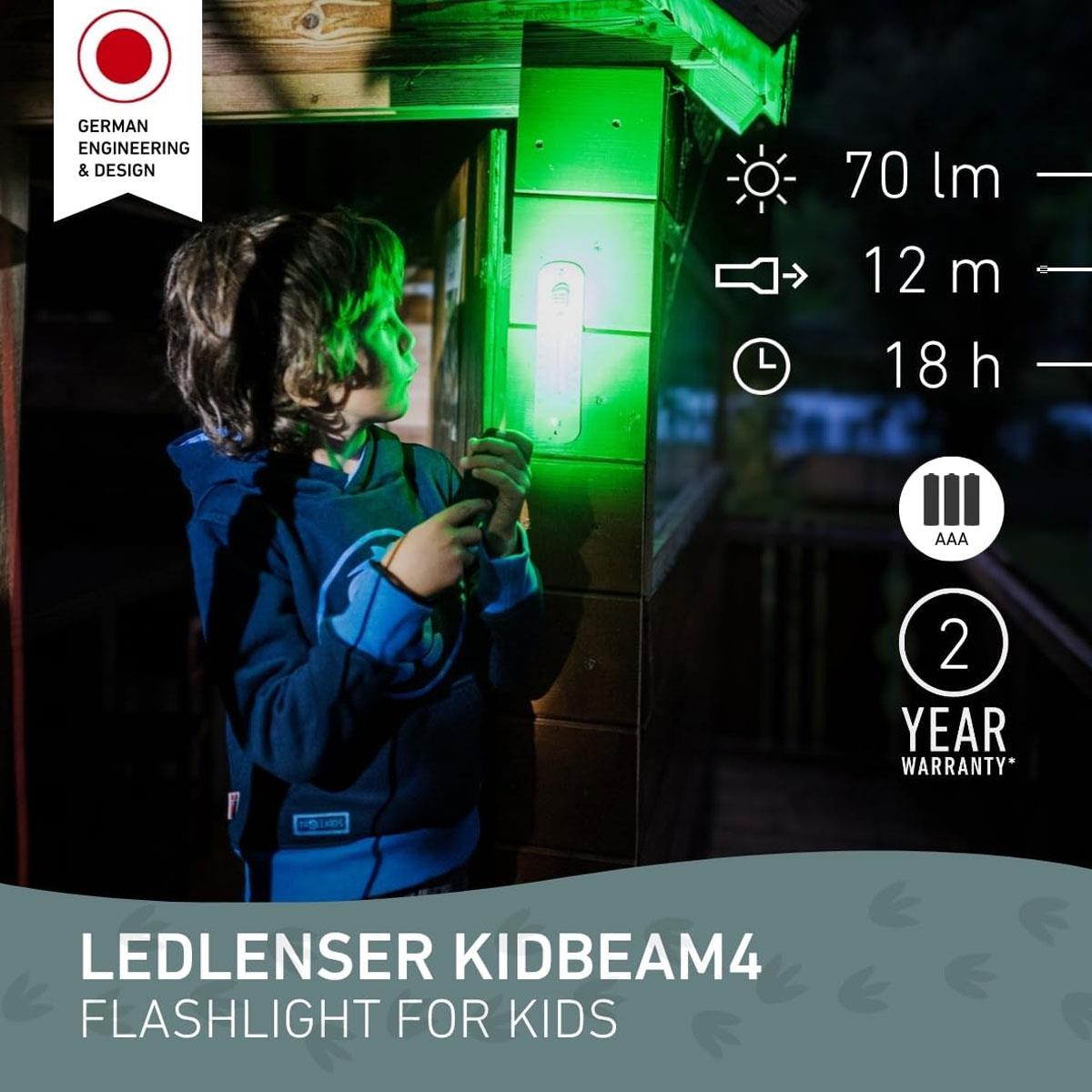 Ledlenser KidBEAM4 Kids LED Torch Green 4 Colour Light 70 Lumens 2x AAA Batteries IP44 120mm - Image 2