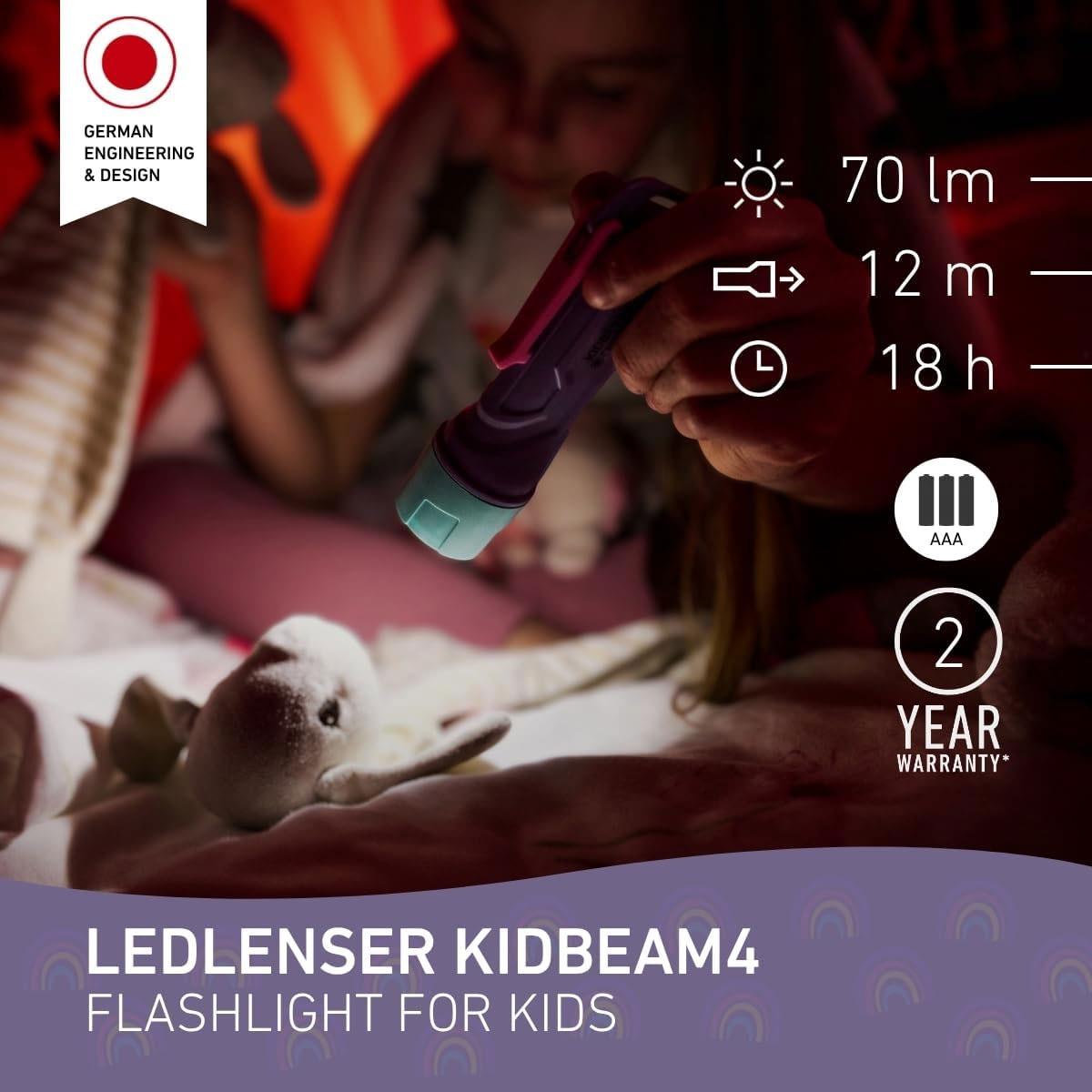 Ledlenser KidBEAM4 Kids LED Torch Purple 4 Colour Light 70 Lumens 2x AAA Batteries IP44 120mm - Image 2