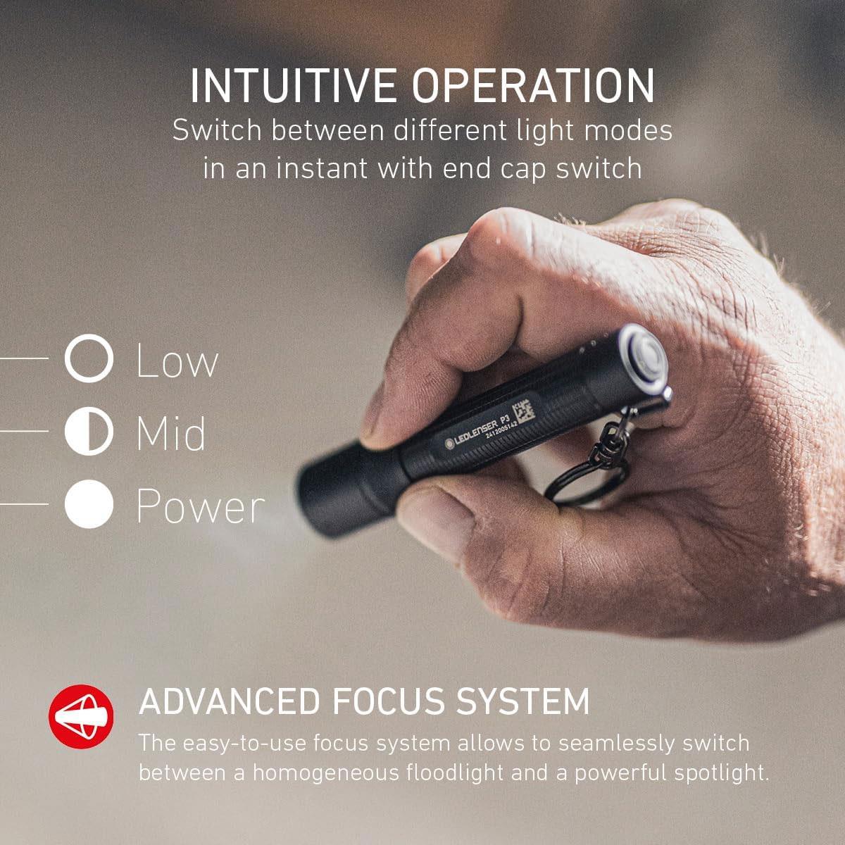 Ledlenser P3 Mini LED Torch Black 130 Lumens 110m Adjustable Focus 3 Modes AAA Battery IP54 94mm - Image 3