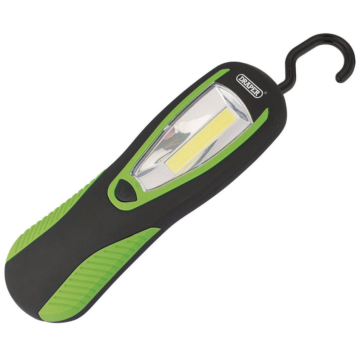 Draper COB LED Work Light with Magnetic Back & Hanging Hook 3W 200 Lumens Green 3 x AA Batteries