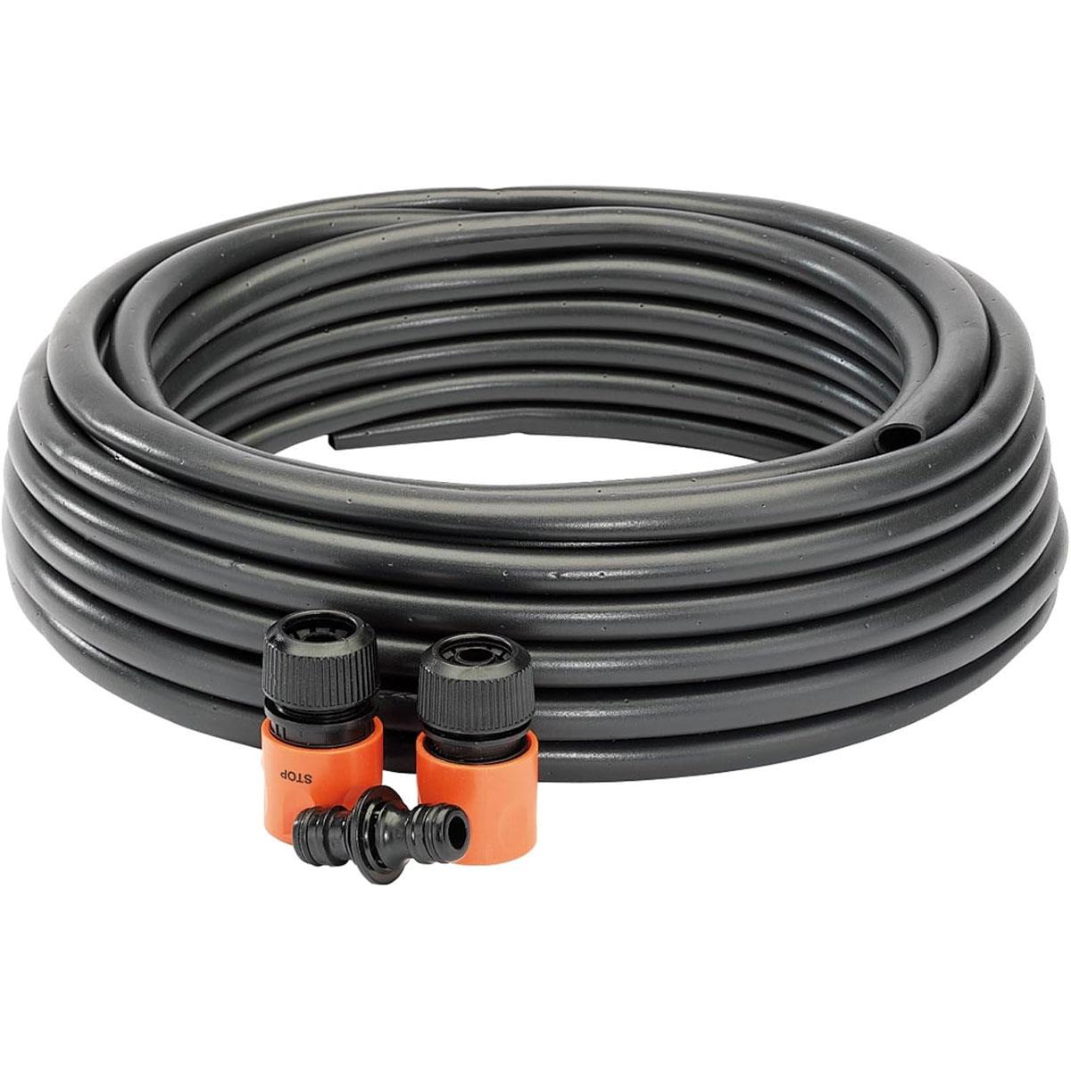 Draper Perforated Soaker Hose 12mm Bore 15m Black with Two-Way Coupling & 1/2 Water Stop Hose Connectors