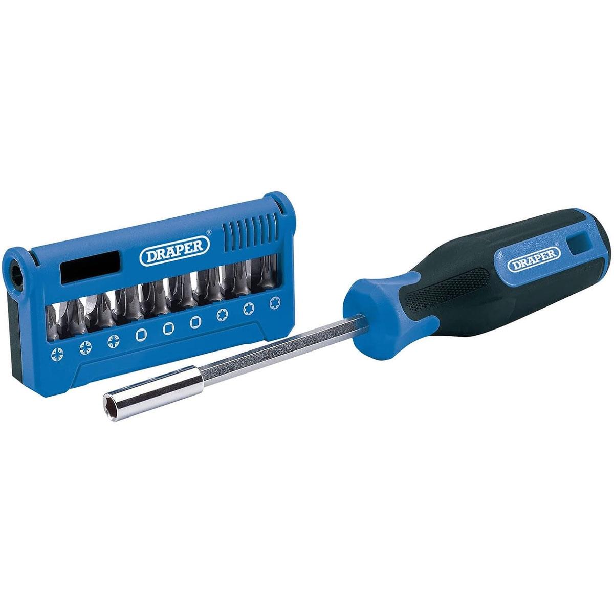 Draper 19 Piece Screwdriver and Bit Set 1/4 Magnetic Holder Chrome Vanadium Steel Blue/Black