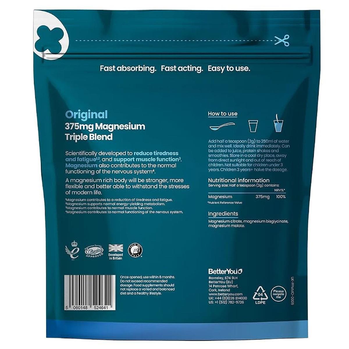 BetterYou Triple Magnesium Powder Glycinate Citrate Malate 375mg Elemental Magnesium Unflavoured 120g - Image 2