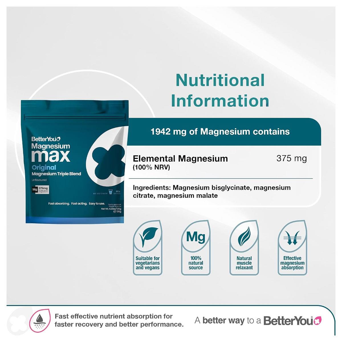 BetterYou Triple Magnesium Powder Glycinate Citrate Malate 375mg Elemental Magnesium Unflavoured 120g - Image 4