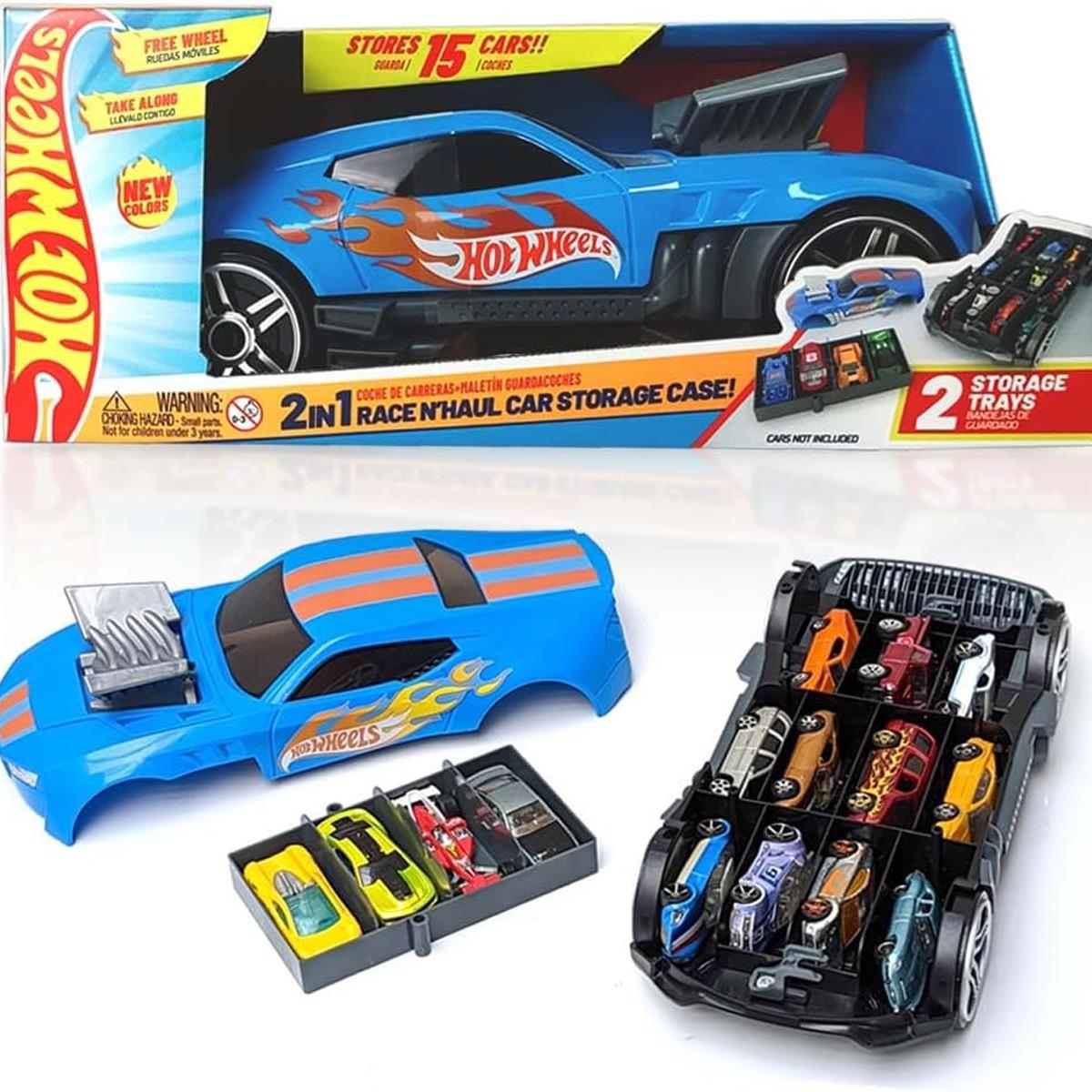 Hot Wheels 2 In 1 Race N Haul Car Storage Carry Case Holds 15 1:64 Cars Retractable Handle Blue