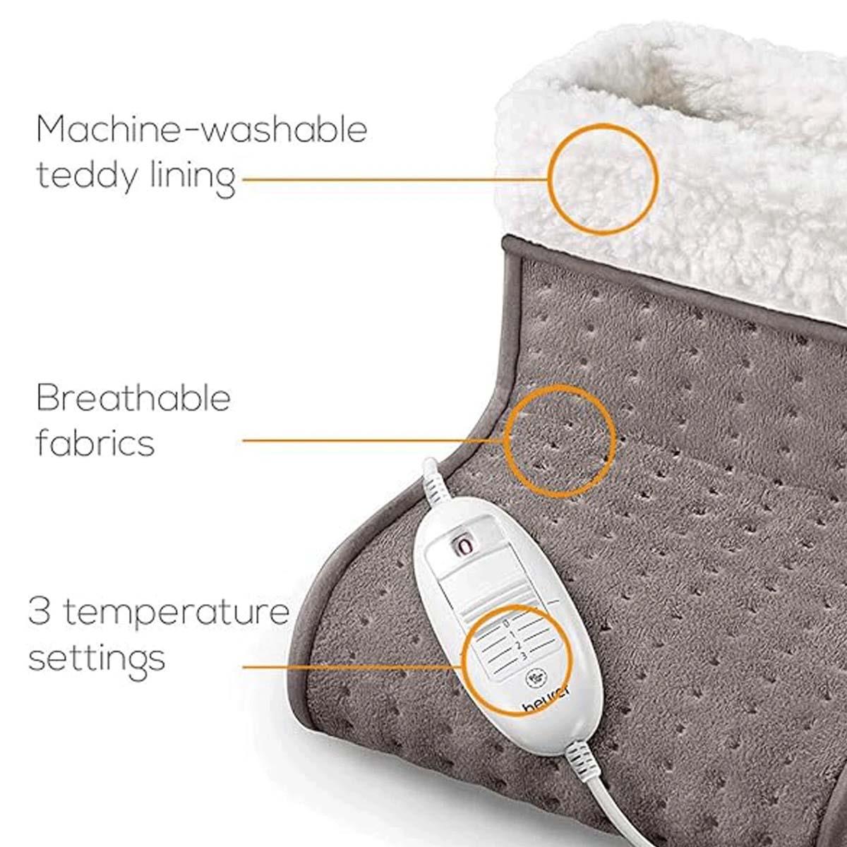 Beurer Electric Foot Warmer 3 Heat Settings Teddy Fleece Lining Washable Inner UK Plug - Taupe - Image 2