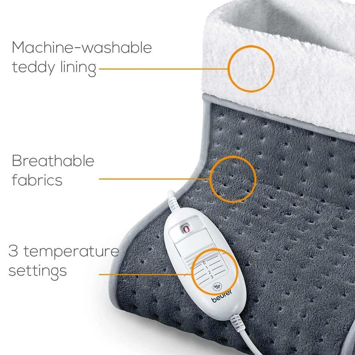 Beurer Electric Foot Warmer Grey 3 Heat Settings Teddy Fleece Lining Washable Inner Auto Shut-Off UK Plug - Image 4