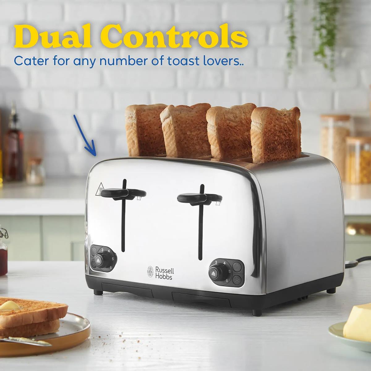 Russell Hobbs Adventure 4 Slice Toaster 1700W Brushed And Polished Stainless Steel 6 Browning Settings - Image 3