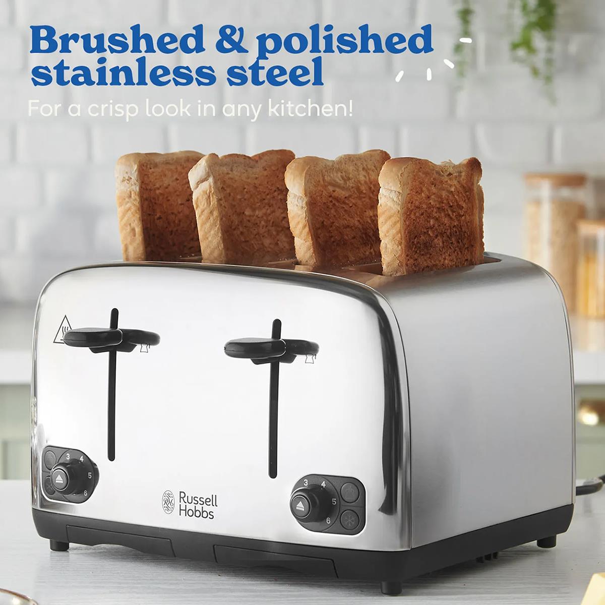 Russell Hobbs Adventure 4 Slice Toaster 1700W Brushed And Polished Stainless Steel 6 Browning Settings - Image 4